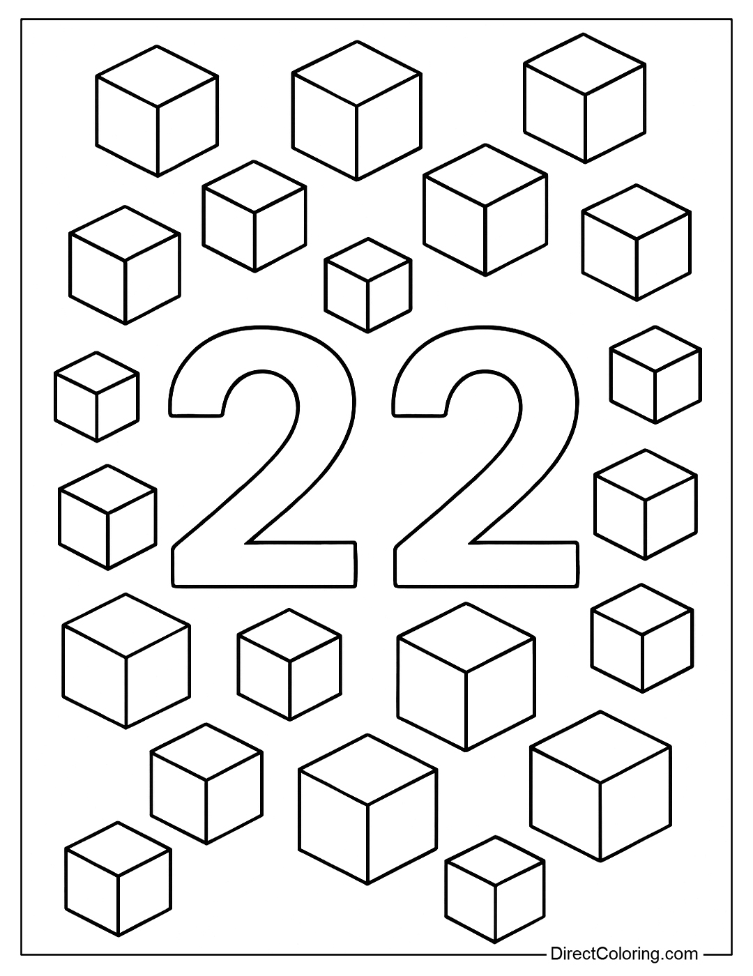 Number 22 Coloring Page with squares like stacked cubes
